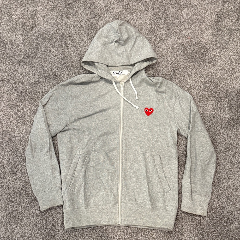 Comme Des Garçons PLAY Gray Zip-Up Hoodie with Heart Patch